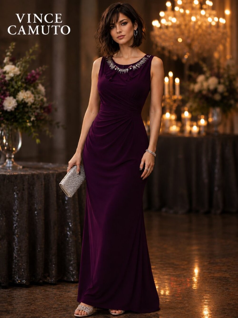 Vince Camuto Plum Embellished Neck Dress Sleeveless Cocktail Party Dress Elegant